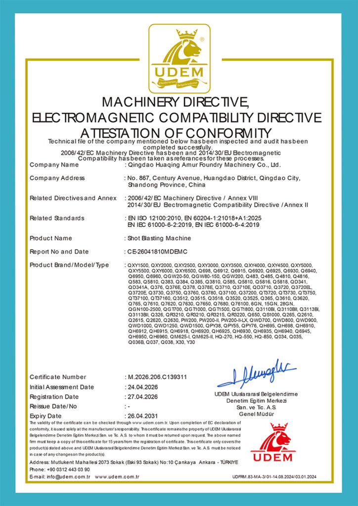Entire Shot Blasting Machine Portfolio Receives 2026 CE Certification Approval