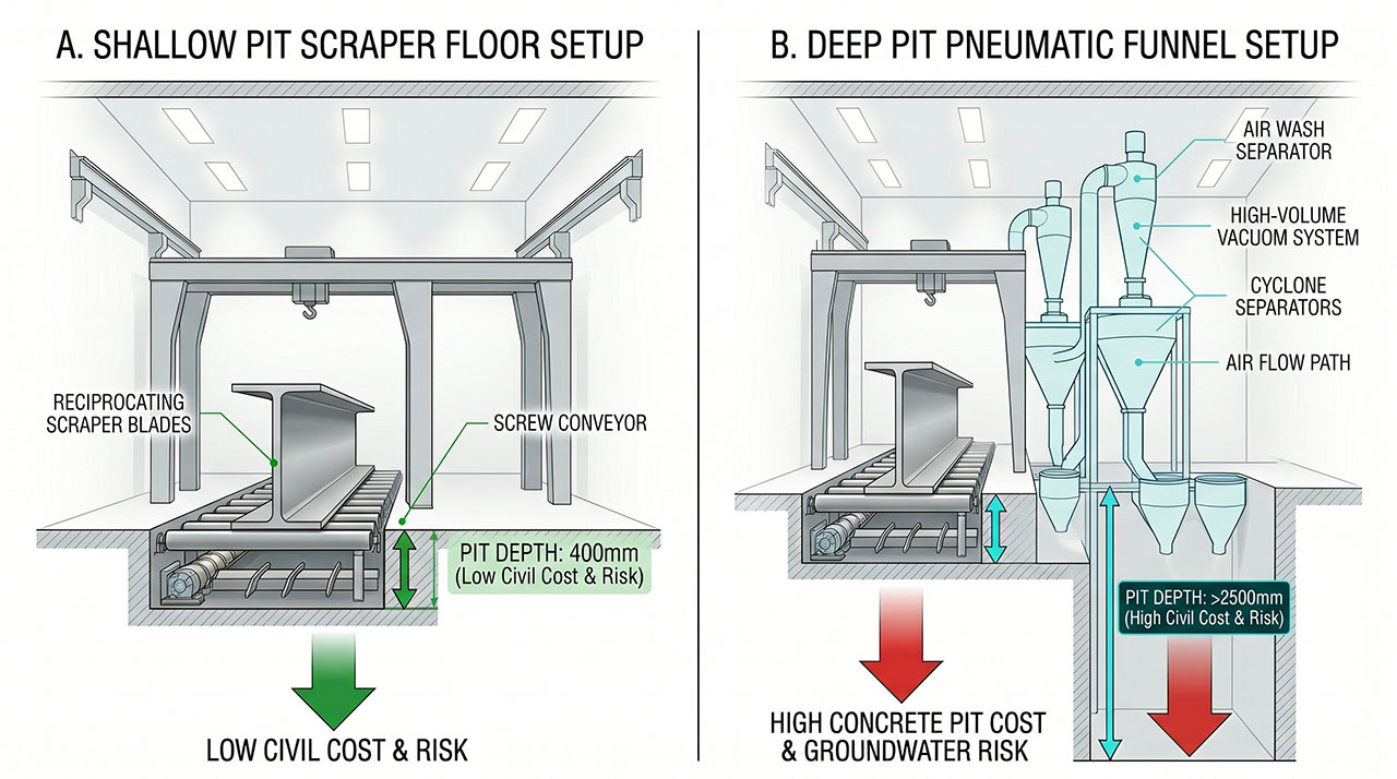 Civil engineering foundation blueprint diagram comparing a 400mm shallow pit mechanical scraper floor with a deep pit pneumatic funnel blast room.