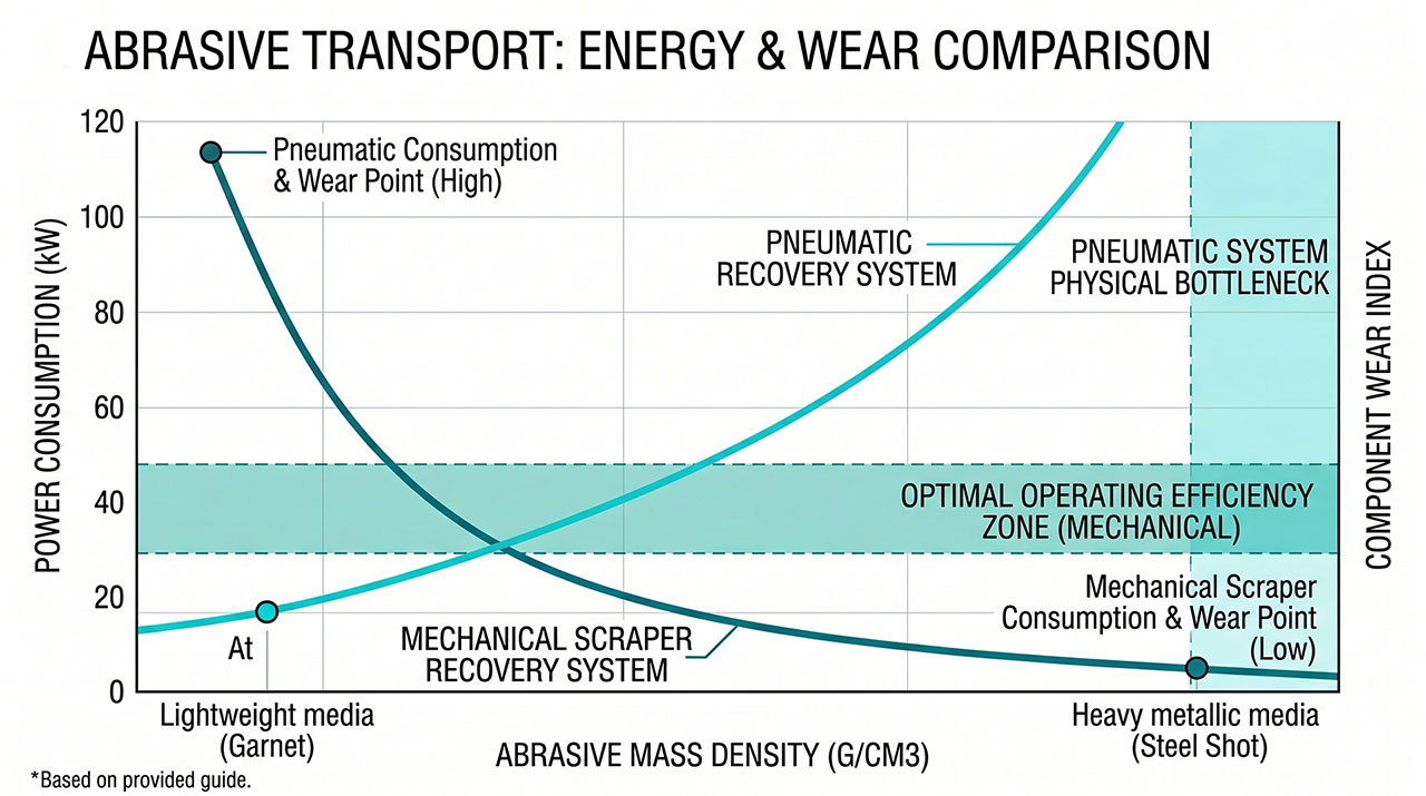 Abrasive mass density versus power consumption curve chart comparing mechanical scraper floor recovery with pneumatic vacuum blast room system.
