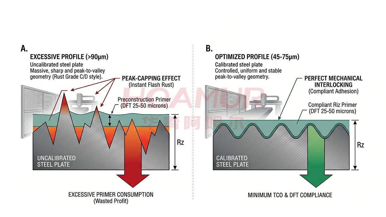 Microscopic steel profile cross section demonstrating peak capping effect and paint consumption coating interlocking.