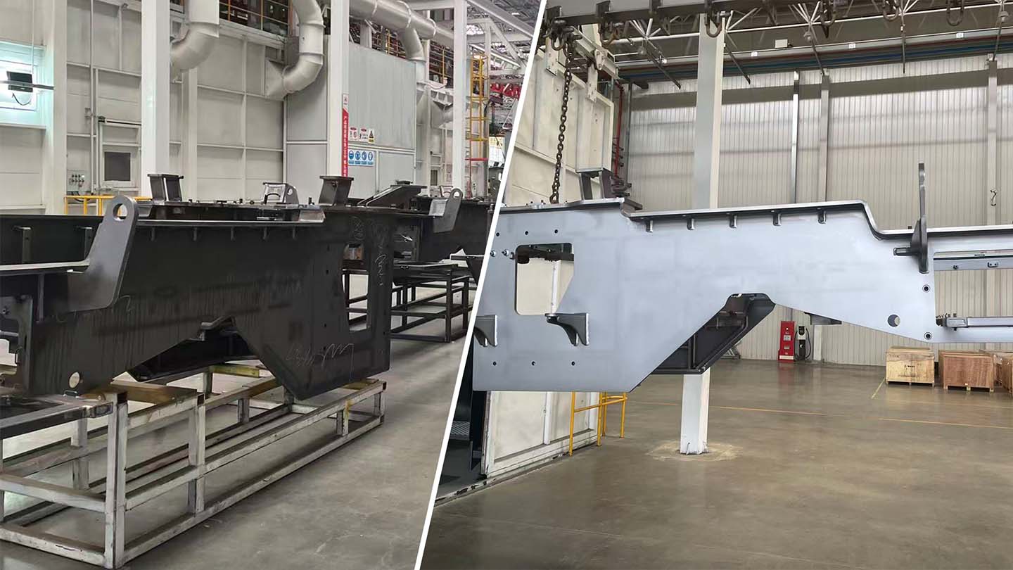 excavator boom shot blasting before and after
