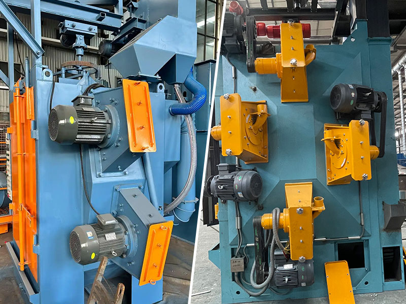 Side-by-side real comparison photo of a heavy-duty direct-drive blast wheel motor assembly next to a belt-drive shot blasting wheel with an enclosed pulley guard.