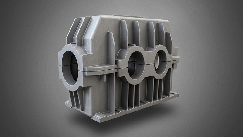 Heavy multi-axis gearbox housing casting with sharp machine-bored bearing seats and perfect internal cavity cleanliness.