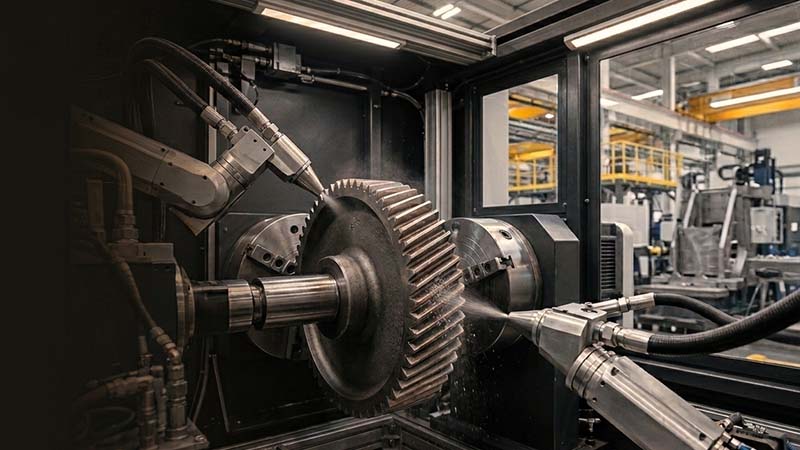 CNC controlled precision shot peening equipment reinforcing high-stress industrial gears and powertrain components to extend fatigue life.