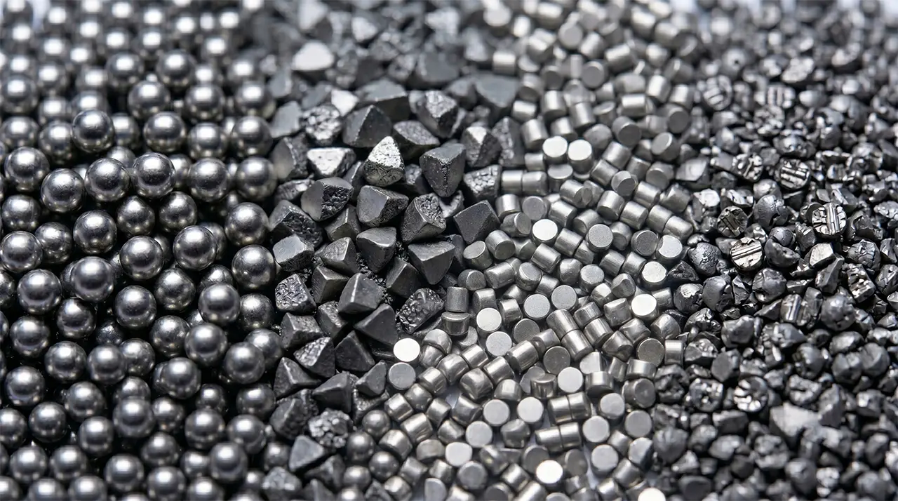 A macro technical photography showcasing the optimal shot blasting machine operating mix balance, displaying four calibrated abrasives from left to right: spherical steel shot, sharp-edged cylindrical wire cut shot, angular steel grit, and irregular crushed steel shot.