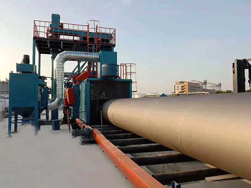 Steel pipe external shot blasting machine with skew roller conveyor for outer surface descaling