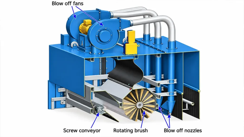 roller conveyor shot blasting media sweep brush blow off system