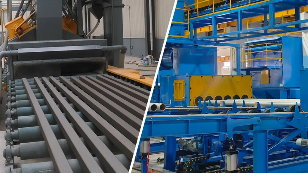 Steel profiles on a roller conveyor alongside round pipes in an external shot blasting system