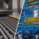 Steel profiles on a roller conveyor alongside round pipes in an external shot blasting system