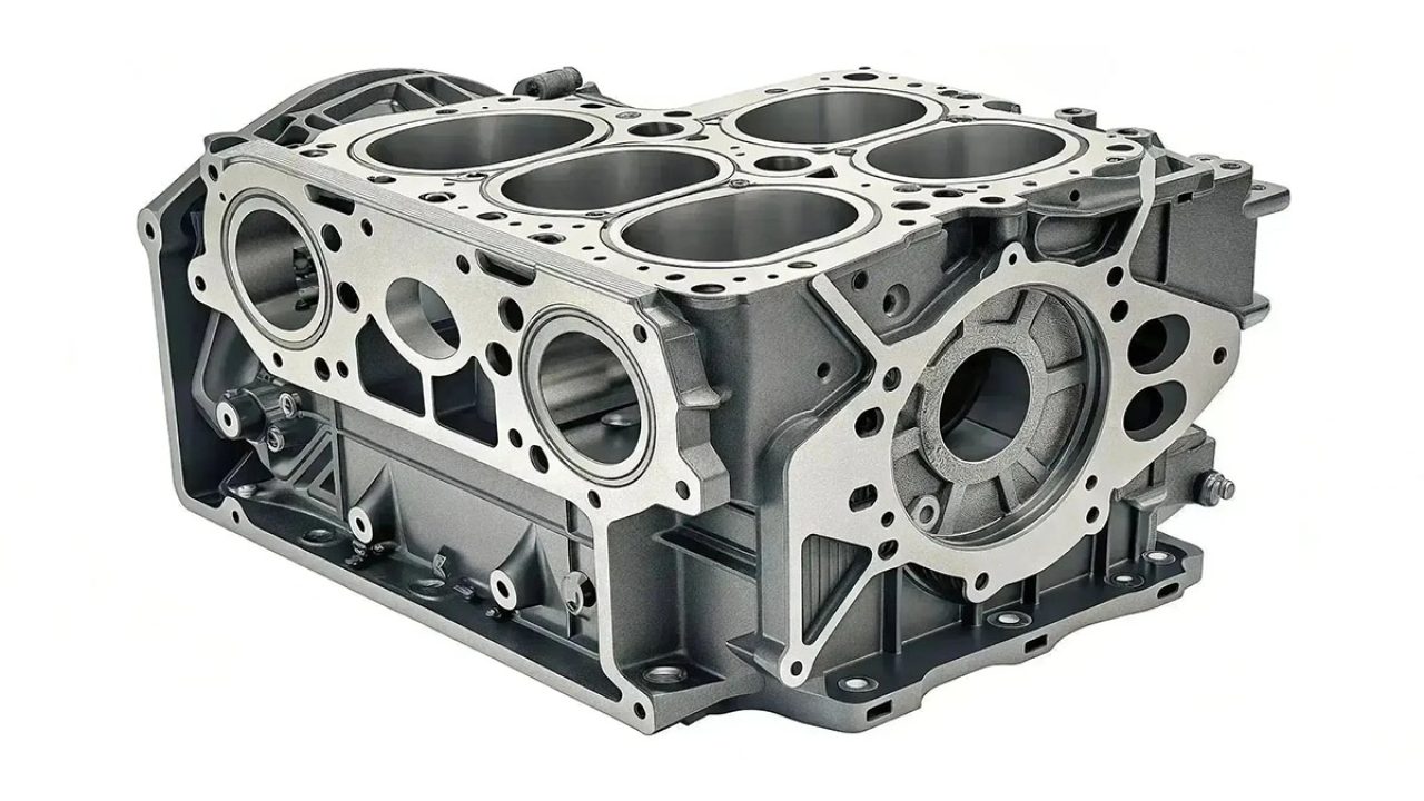 High-precision shot blasted engine block casting demonstrating absolute surface cleanliness for automotive manufacturing.